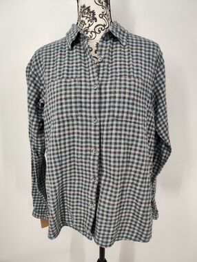 Woolrich Women's Plaid Button-Down Flannel Shirt - Light Blue & Gray Size Medium